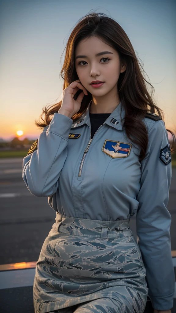 (highest quality, 8K, 32k, masterpiece, uhd:1.2), (realistic:1.5), (masterpiece, Highly detailed CG Unity 8K wallpaper, highest quality, High resolution:1.2), (Super detailed, uhd:1.2), Photo of extremely cute and beautiful Japanese woman, (Long wavy chestnut hair:1.2), adult, (detailed beautiful girl:1.4), highest quality, woman, adult, (Detailed US Air Force Pilot Uniform:1.5), (Pilot Captain Jacket:1.3), (High waist pencil micro skirt:1.3), (Beautiful sunset us air force base runway view background:1.2), (mig 29、F-22、air force plane)laugh shyly:1, looking at the viewer, towards the audience, ((Perfect woman&#sexy body)), (tight waist:1.0), (Image of the whole body), thin, abs, beautiful body, big ass and big breast, (big breasts:2.25)(big Butt 2.55),assemble the head, wind, dynamic pose, cinematic light, Backlight, fine clothes, perfect anatomy, perfect proportions, detailed human body, Stylish model in sexy bent over One hand is raised in the air, pose,soft expression、smile、Sexy slit thighs and beautiful legs、A sneak peek of abs、A glimpse of her no underwear , Besides have a Myanmar National Flag and Myanmar Camara form behind.