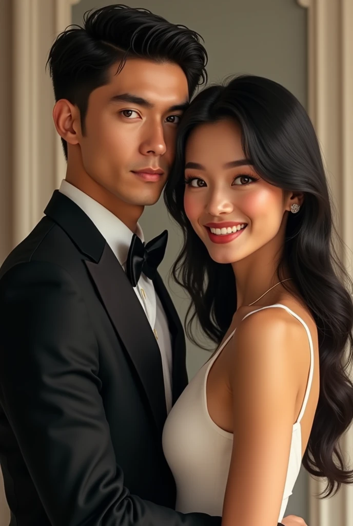 A handsome american man with blue eyes and sharp jawline,  perfect pointy nose, black hair, broad shoulders, wear suit. And beside him stands a beautiful young chinese lady, who has brown eyes and black hair, she has a beautiful smile that is like a sunshine.