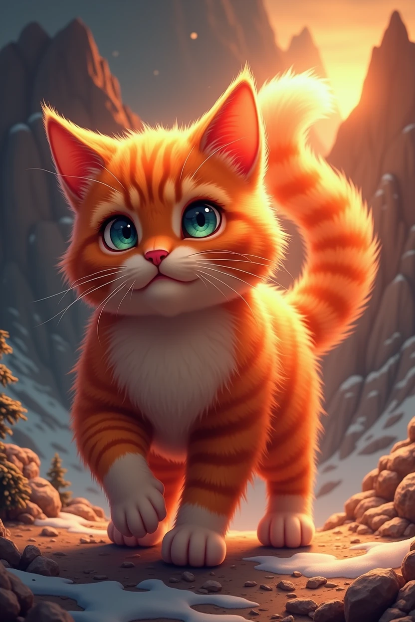 There is a caring cat on the top of the mountain heading in that direction