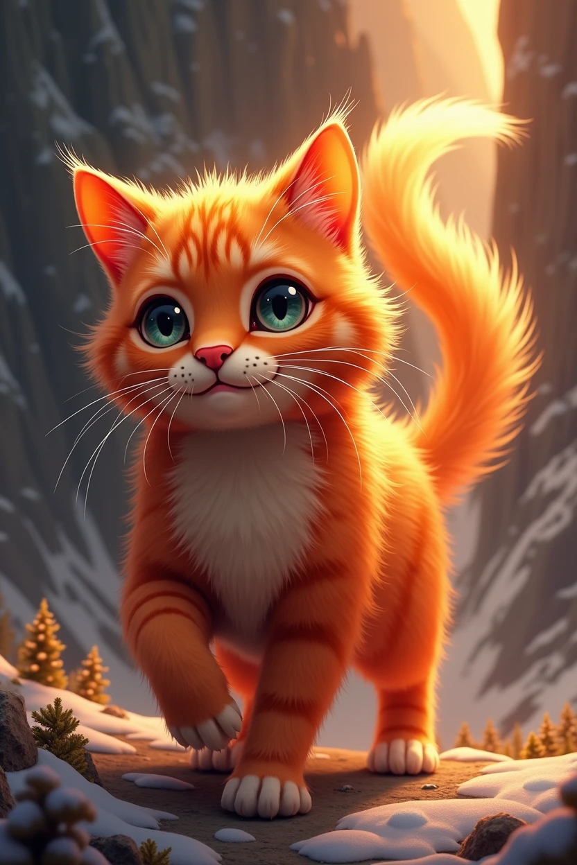 There is a caring cat on the top of the mountain heading in that direction