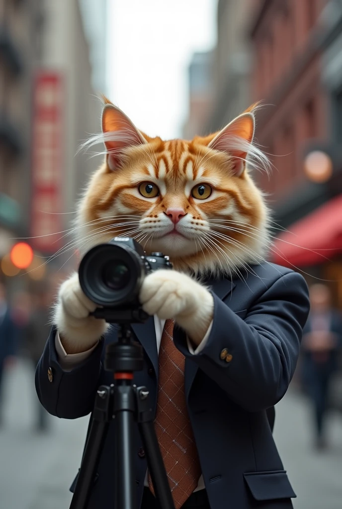 Cute cat cat，Personification，Standing，Hold the camera，tripod，Photographer，Photo gesture，,Suit,tie, The streets of New York(Delicate face), (Fine fluffy fur)，（35mm Cinema Lens），（Multi-angle shooting），（many viewing angles）