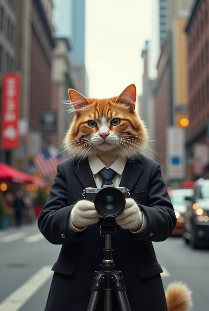 Cute cat cat，Personification，Standing，Hold the camera，tripod，Photographer，Photo gesture，,Suit,tie, The streets of New York(Delicate face), (Fine fluffy fur)，（35mm Cinema Lens），（Multi-angle shooting），（many viewing angles）