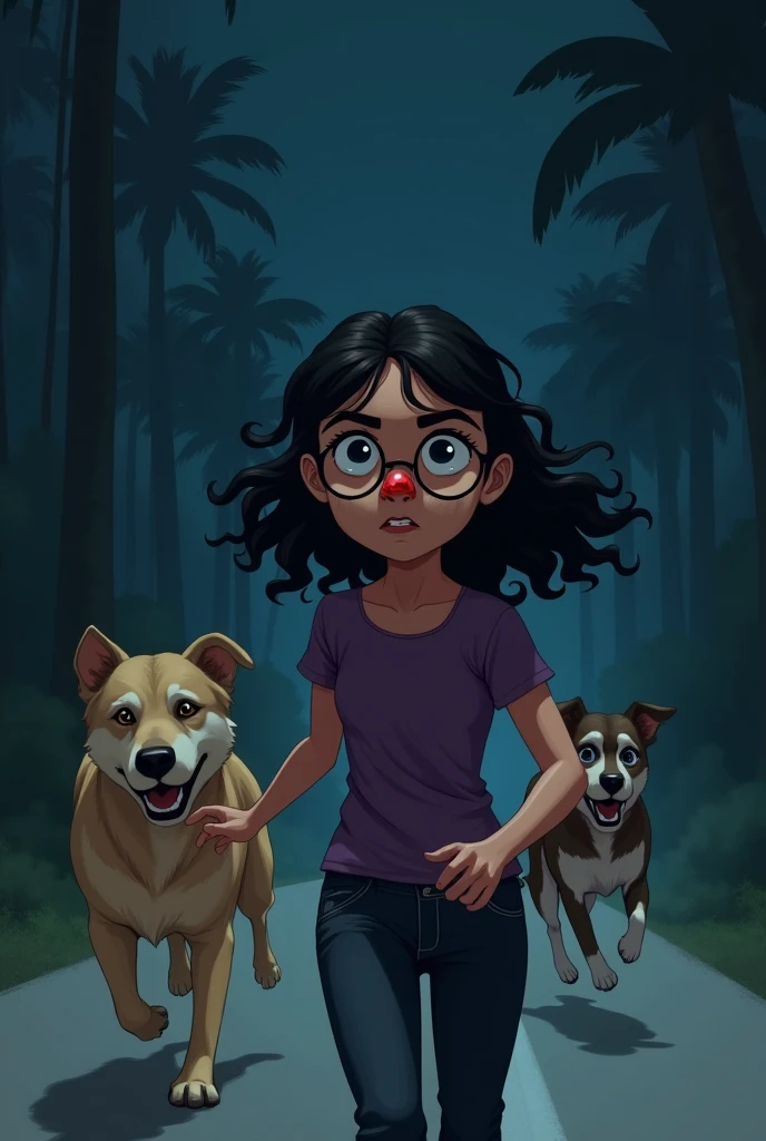 A girl on road chasing 2 dogs
The dogs should be bigger. It should be night time. The girl should have black open hair till chest level. She also should have a round spectacles. And a red round wound in the nose. She should scare the dogs. The girls wears a purple top and jeans. The hair should be wavy till waist. It is a Indian Kerala girl. The dogs should be scared and running away from her at a distance. Make the dogs run for life. The girl is chasing at a distance. The hairstyle of the girl is bit curly and a bit shorter than the current size. Make the jeans black coloured, and the girl in medium size
The wound should be on the nose. Hair is till chest level