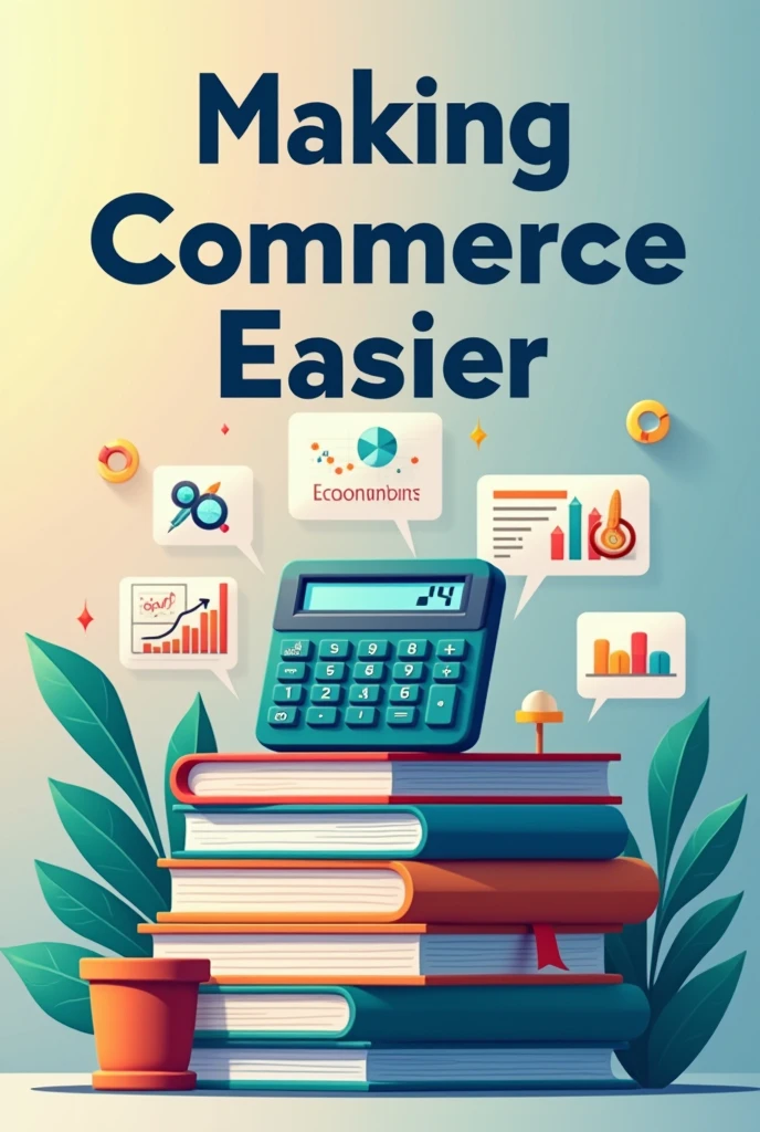 Calculator placed over accountancy books, economics book bundle, micro economics graphs placed, demand and supply, company, firm cliparts, write in bold letters "Making Commerce Easier"