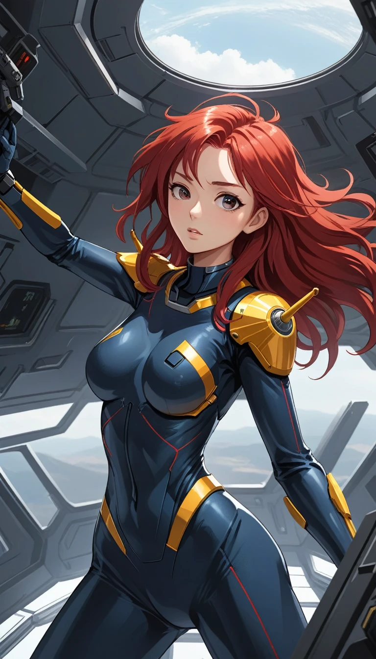 1 Girl、Medium Bust、solo、Red Hair、Long Hair、Mobile Race Suit、Shoulder Armor、ceiling、Wide Shot、Looking Ahead、profound、Fighting Pose、Closed Mouth、Highest quality、medium quality、22 years old、Asian、Mobile Trace System、cockpit、