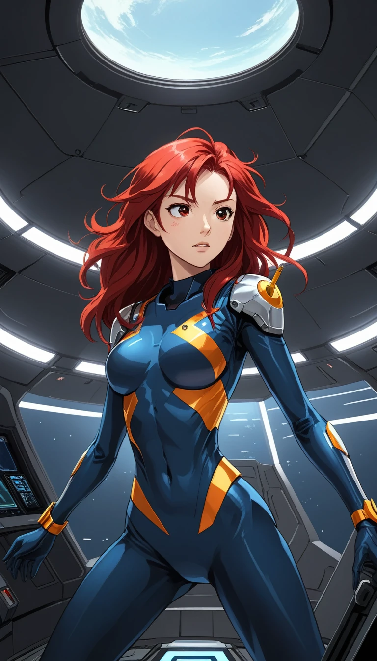 1 Girl、Medium Bust、solo、Red Hair、Long Hair、Mobile Race Suit、Shoulder Armor、ceiling、Wide Shot、Looking Ahead、profound、Fighting Pose、Closed Mouth、Highest quality、medium quality、22 years old、Asian、Mobile Trace System、cockpit、