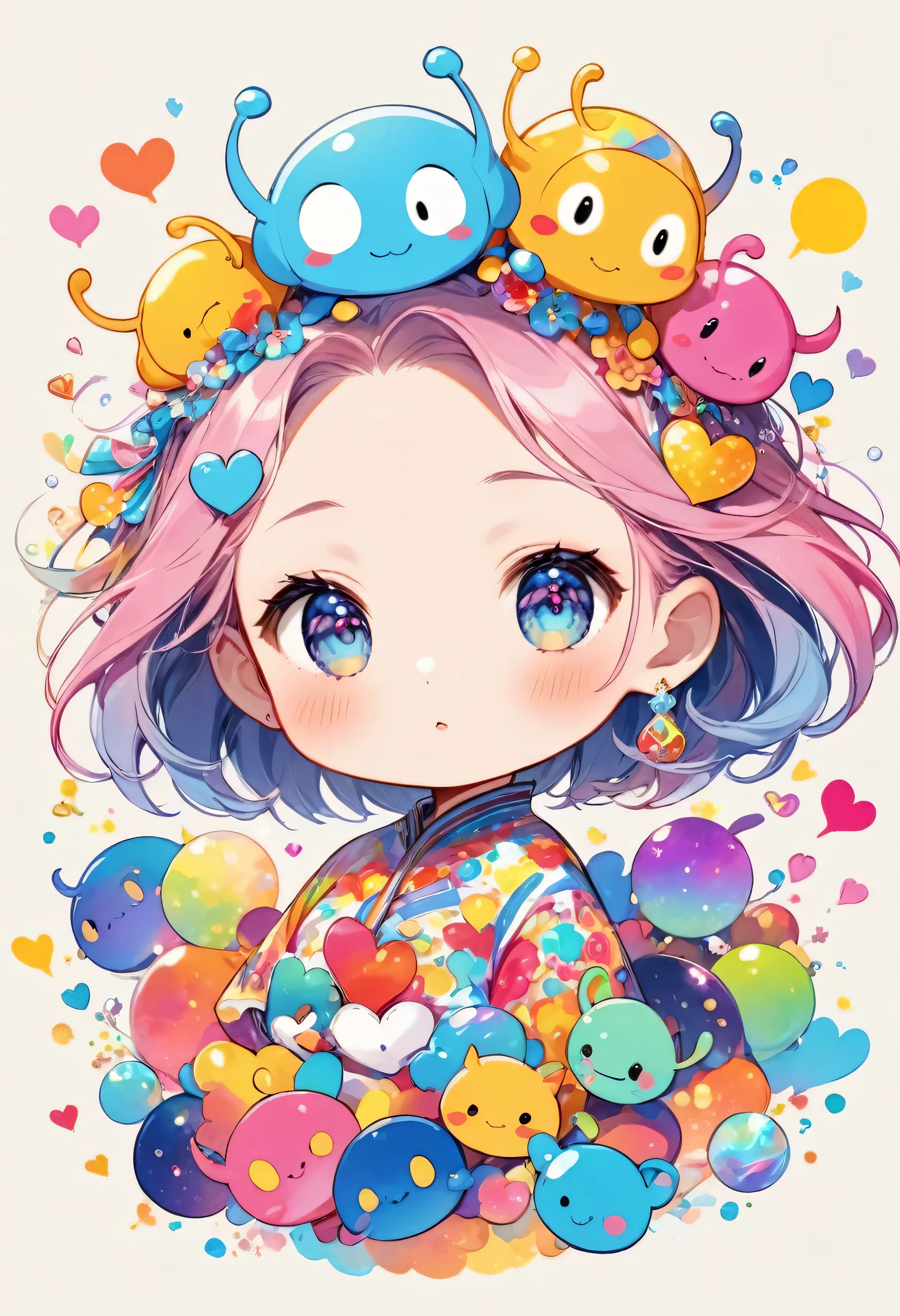 Mika Pikazo colorfull style, Simple Line Initialism,Abstract art,(((The most beautiful girl of all time))), (((chibi))), Sweet face. colorful hearts, funny design, (((bosom buddy ))), (((Cute Aliens))), The background is space