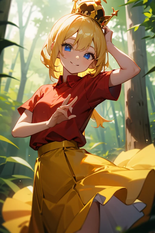 young girl,blonde hair,blue eyes,wear a crown,Looking,Red shirt,Yellow skirt,smiling,in the forest