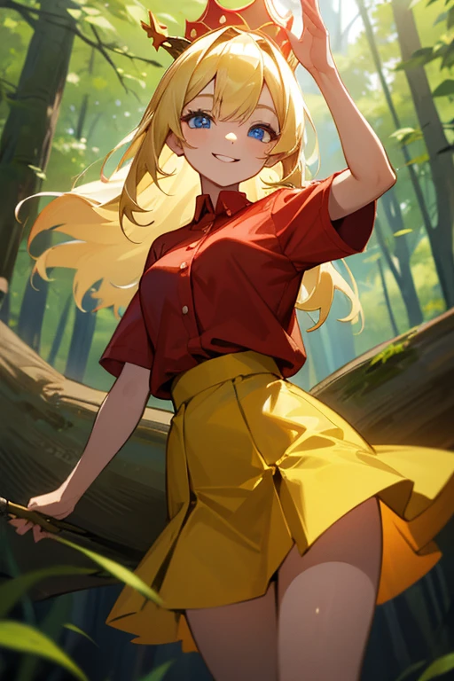 young girl,blonde hair,blue eyes,wear a crown,Looking,Red shirt,Yellow skirt,smiling,in the forest