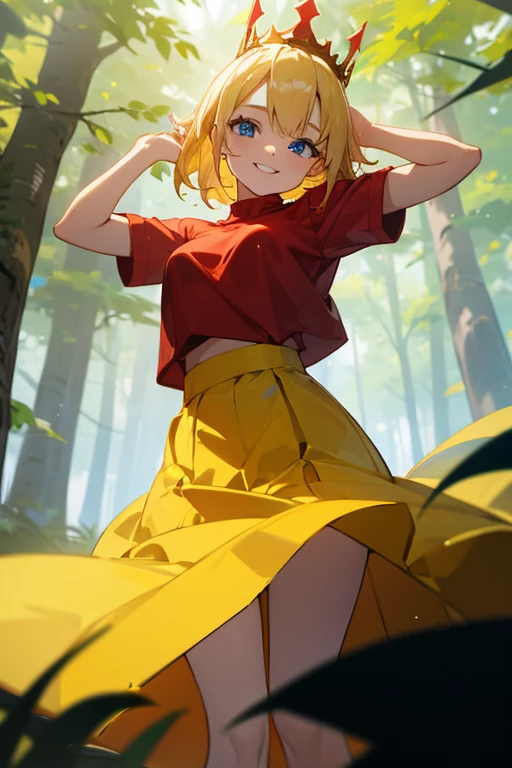 young girl,blonde hair,blue eyes,wear a crown,Looking,Red shirt,Yellow skirt,smiling,in the forest