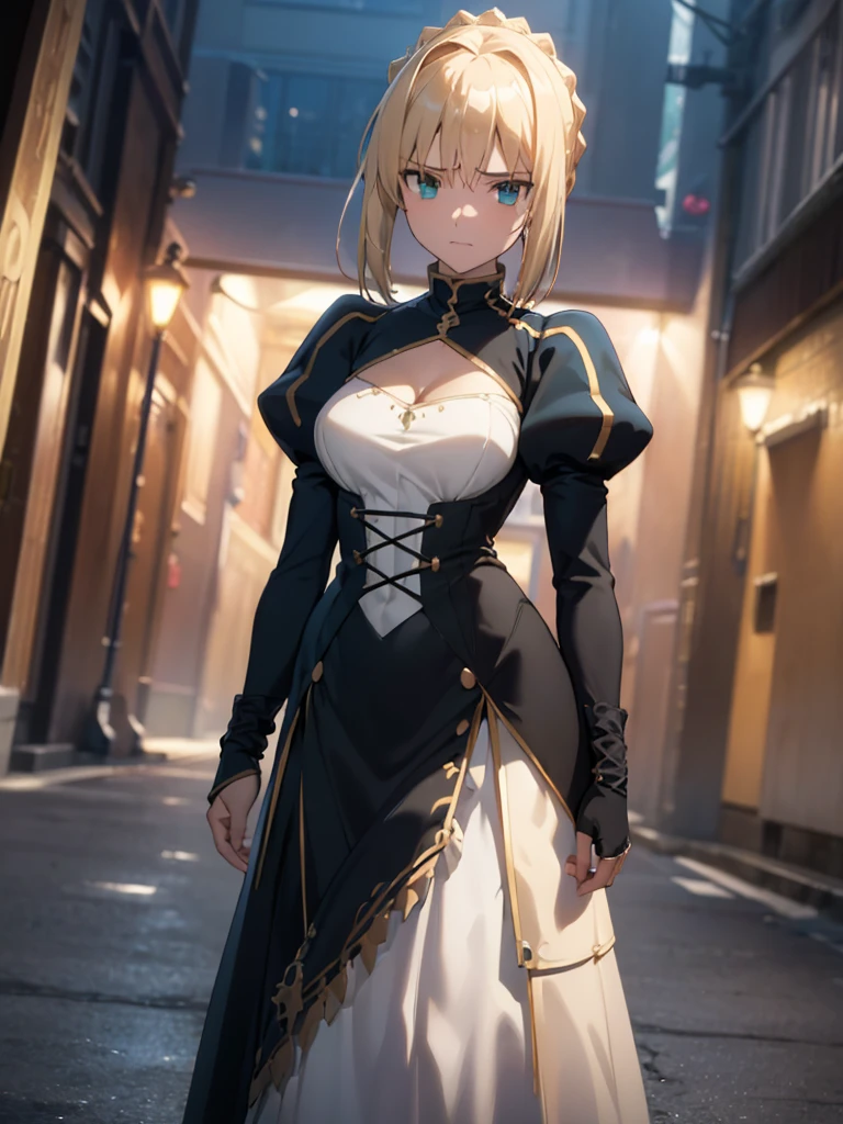 (masterpiece、top-quality、hight resolution、Unity 8k、extremely details CG:1,Best Picture), A woman speaks to me on an empty night street. Appearance of a woman who looks like a lascivious woman, ((The expression of those without human rights)), Hourglass dress, nsfw, artoria pendragon (fate)