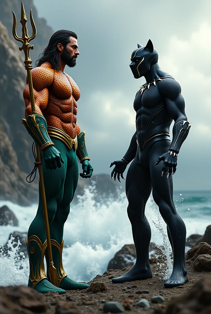 aqua man and black panther standing together 