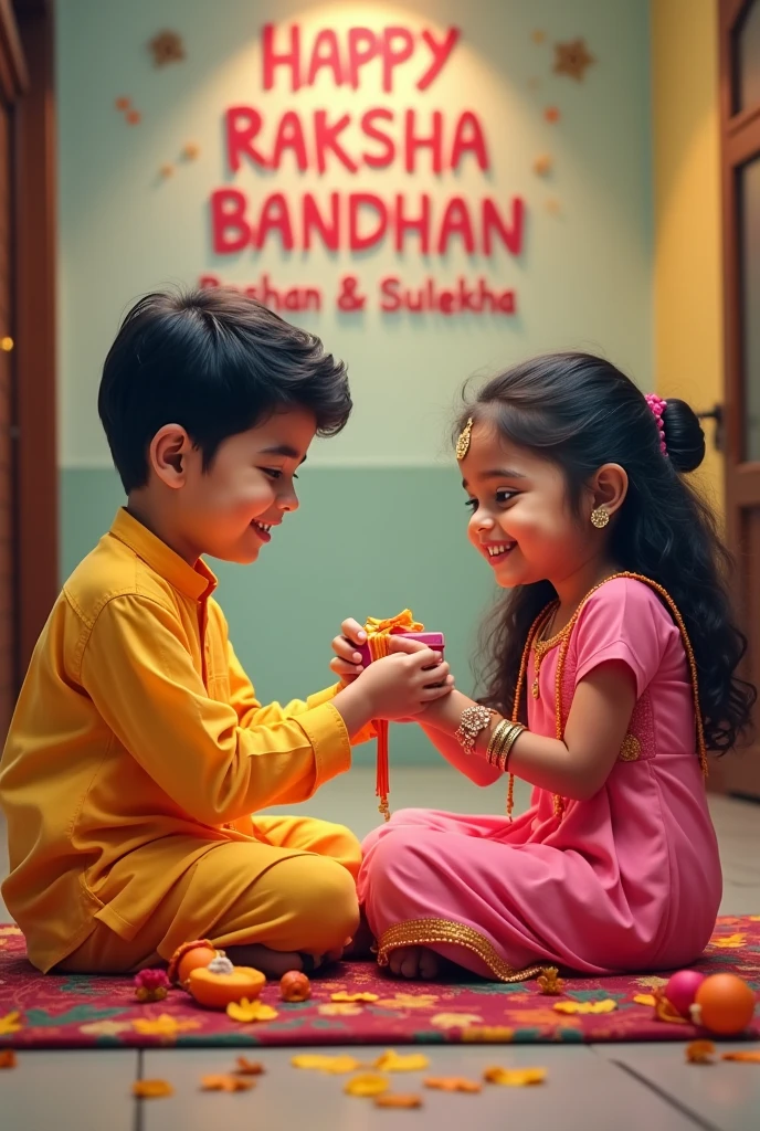 Raksha bandhan photo
A real 20 year old  Cute boy and girl are sitting face to face on a colorful mat in the home lobby, the boy has extended one of his hands forward, And Girl tying Rakhi on brother's hand. boy is wearing a Yellow  colored kurta And the girl is wearing a Pink Lahenga, boy has a gift box in his other hand, is smiling, boy has applied tilak on his forehead, and on the wall in bold letters "HAPPY RAKSHA BANDHAN" "Roshan & Sulekha " It is written, 4k image