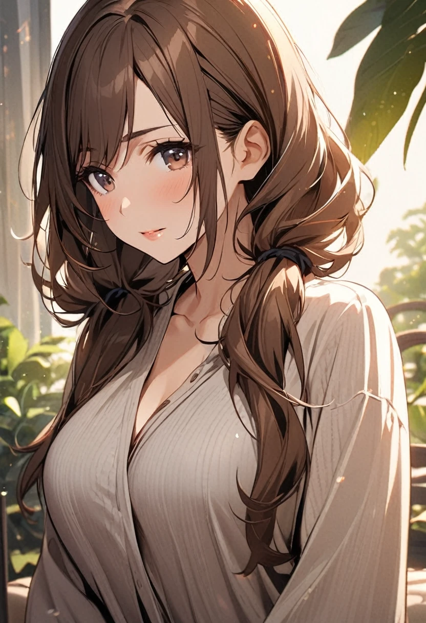 Solo, 1girl, Long Hair, low twin tails, brown hair, dark brown eyes, mature, high detail, adult, calm