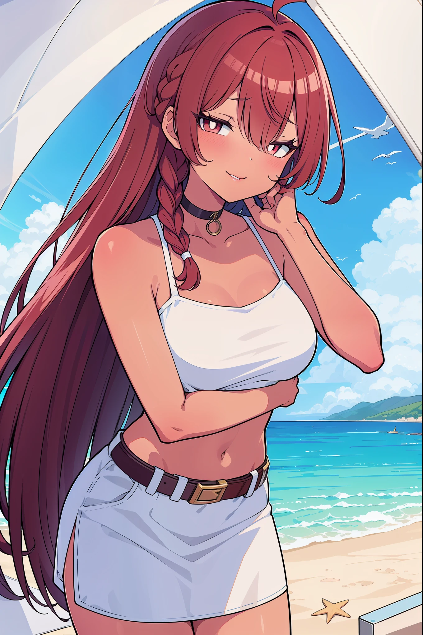 sfw, (cowboy shot), (ultra-high resolution, depth of field:1.3), 1woman, elegant, (((tan skin))) ((light red hair)), long hair, (single braid), choker, (crimson eyes:1.1), white pupils, lips, medium breasts, (intricate white sundress), belt, smile, beach, nearshore, palm tree, slightly leaning forward, head tilt
