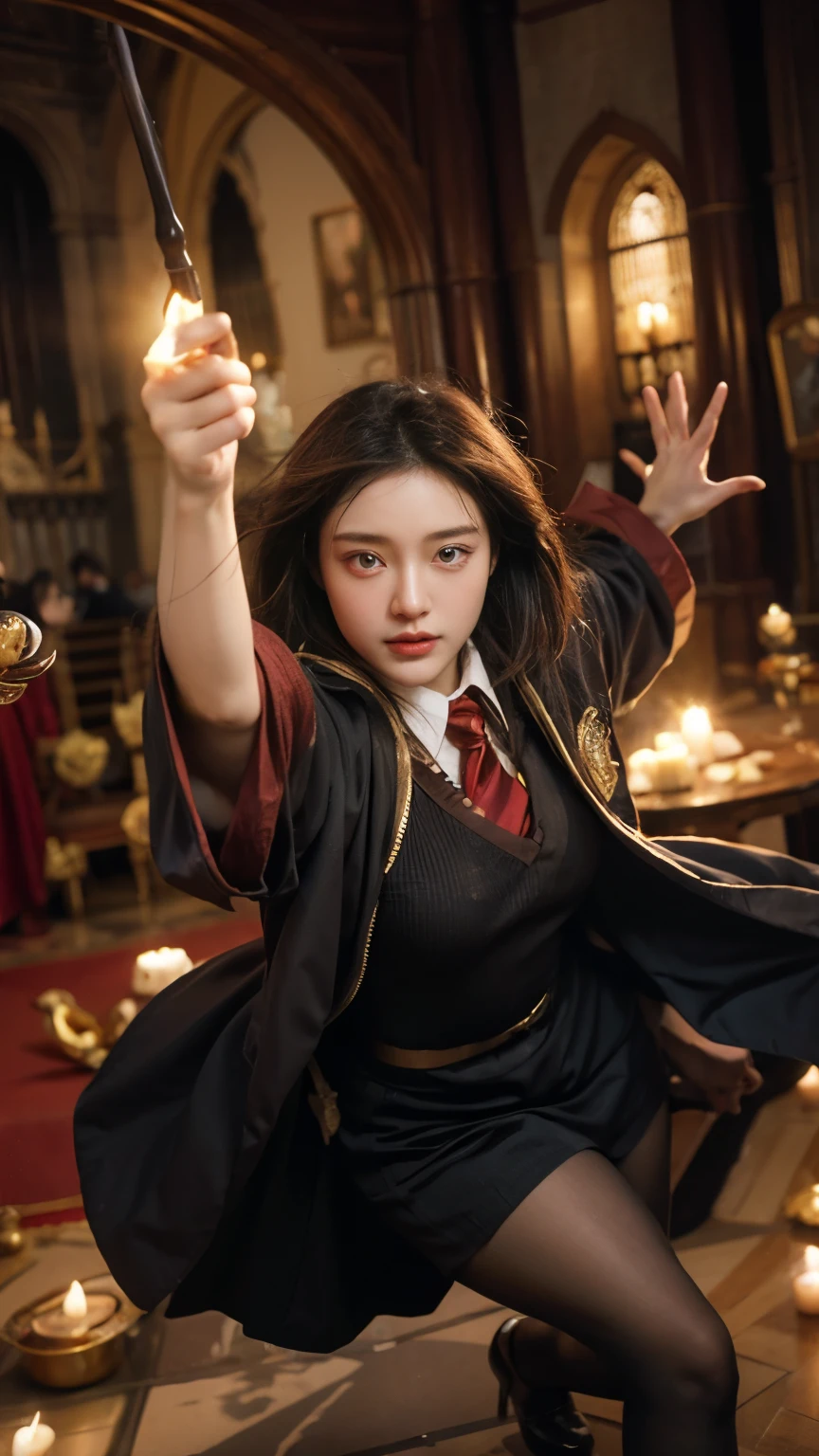 Masterpiece, ultra-realistic, photorealistic, Gryffindor costume, red and gold, Gryffindor crest, red and gold tie, black robe with red lining, 21 years old woman, fair skin, almond-shaped eyes, smooth black hair, dynamic action pose, wand raised, camera angle slightly above, magical scene, floating candles, enchanted objects, Great Hall, detailed hands and face, high resolution, action shot, cinematic lighting