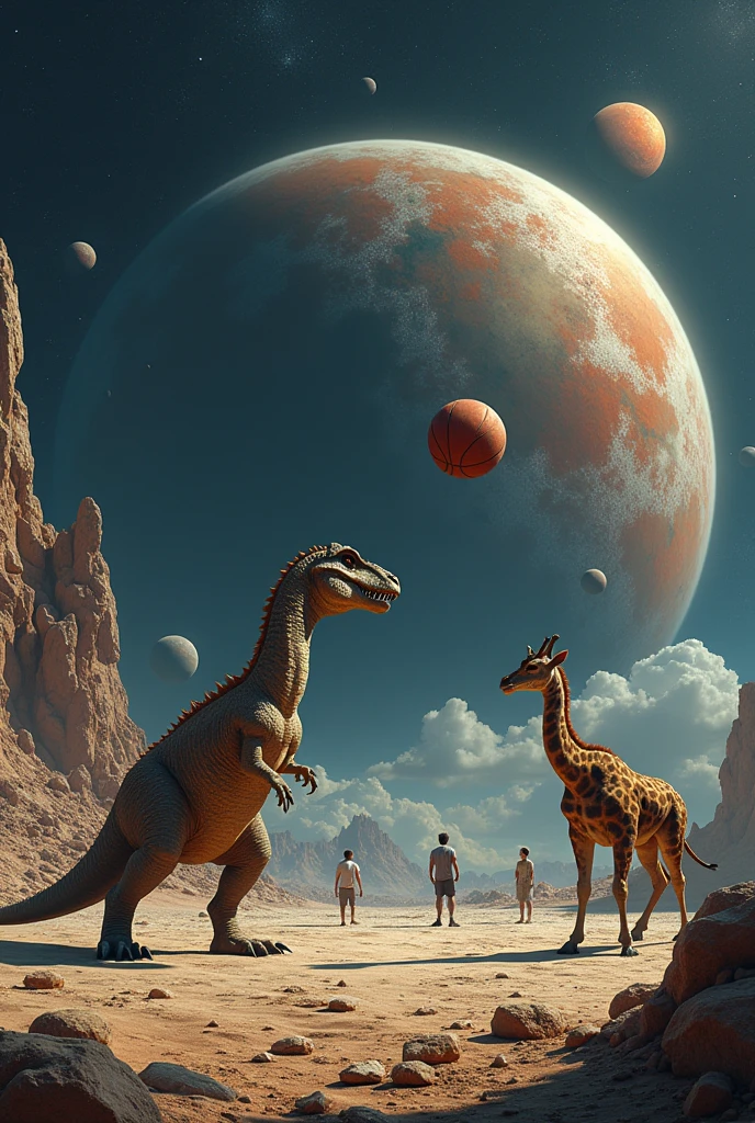 A dinosaur playing basketball against a giraffe playing on a court on the moon while two planets collide and people are amazed