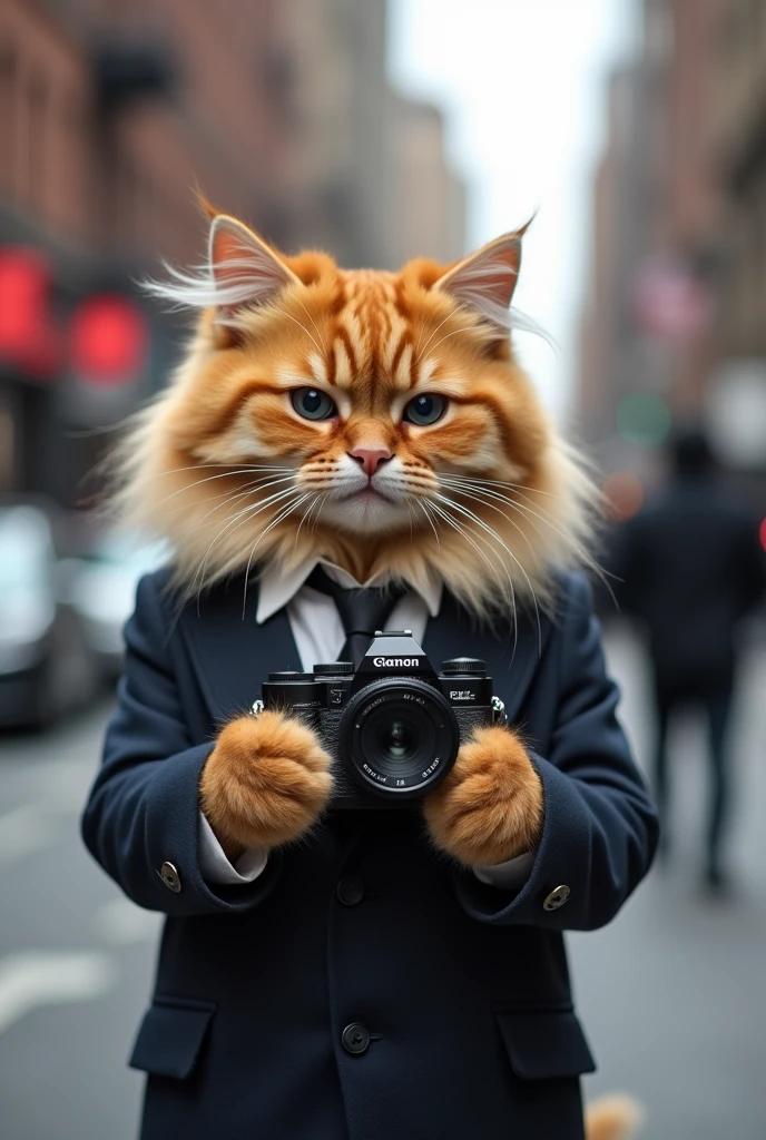 Cute cat cat，Personification，Standing，Hold the camera，tripod，Photographer，Photo gesture，,Suit,tie, The streets of New York(Delicate face), (Fine fluffy fur)，（35mm Cinema Lens），（Multi-angle shooting），（many viewing angles）