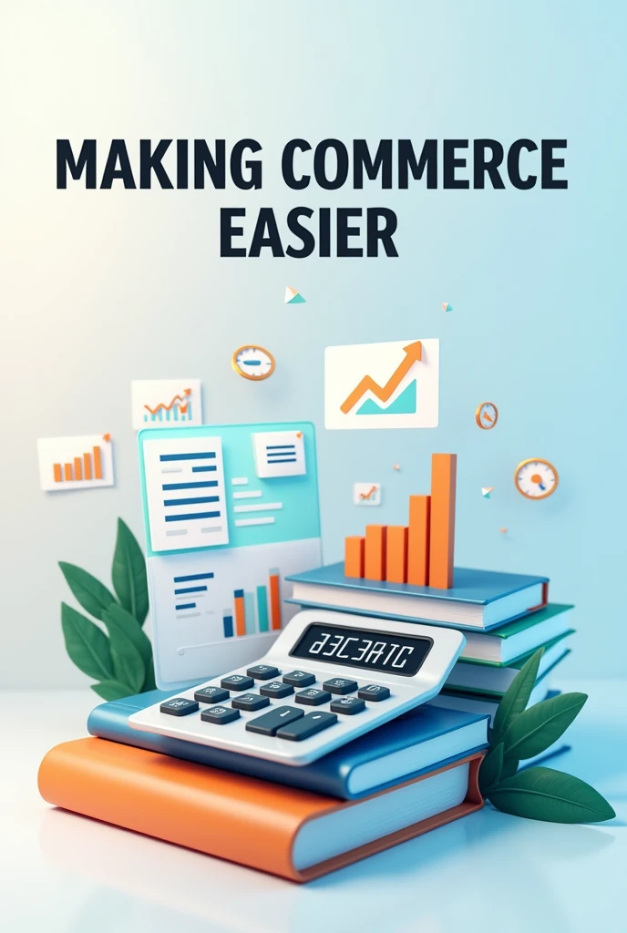 Calculator placed over accountancy books, economics book bundle, micro economics graphs placed, demand and supply, company, firm cliparts, write in bold letters "Making Commerce Easier"