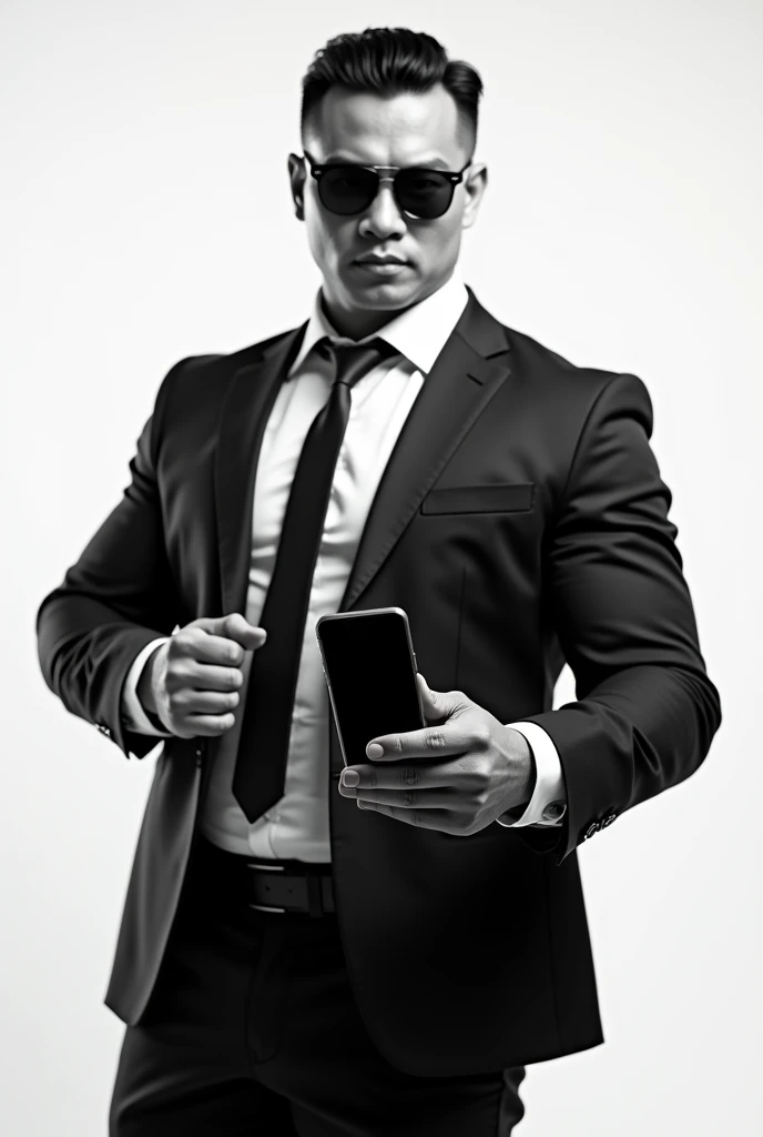 Asian strong buff man(He is strong,buff,confident, wears a suit and sunglasses and look fearless.)showing phone 
with white background