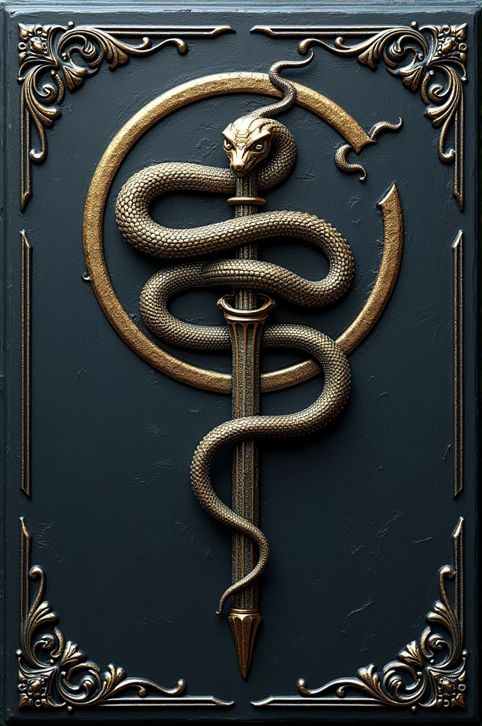 Symbole central : Au centre de la couverture, a stylized symbol of the serpent coiled around a scepter could be engraved or drawn in relief. The snake could be silver or gold, with fine details that capture the idea of an ancient and sacred artifact. Le titre doit être écrit (The Shadows of the Serpent)