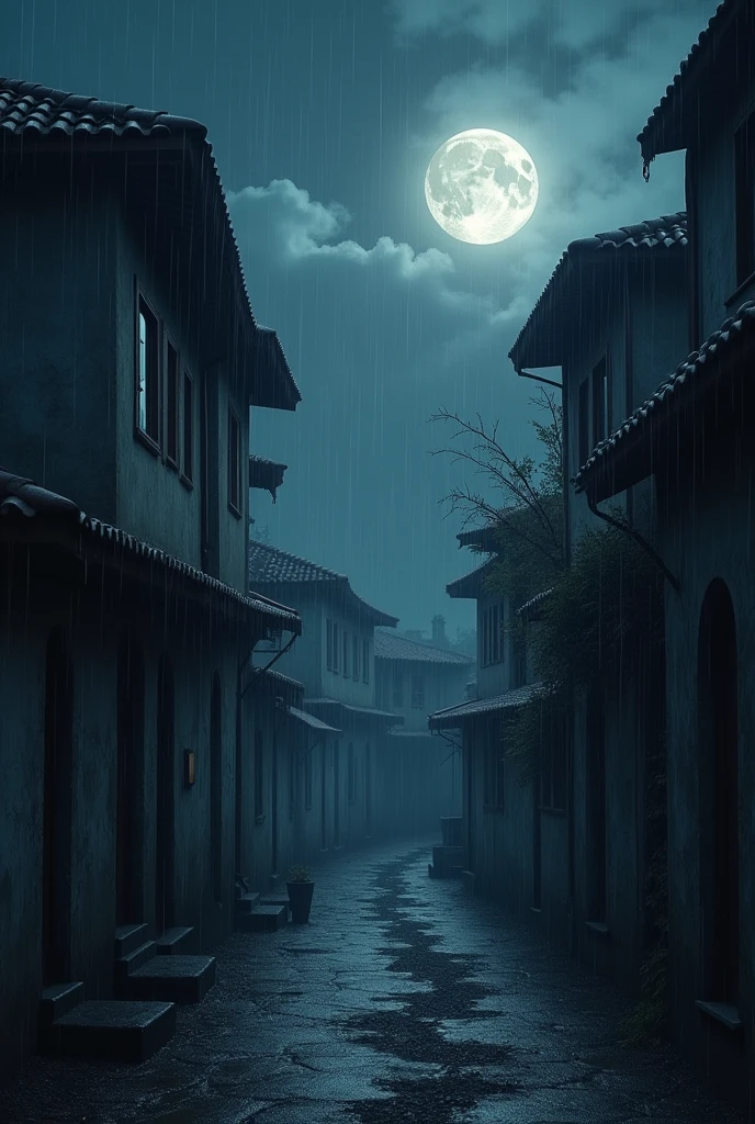 The moon is falling and the eaves are wet