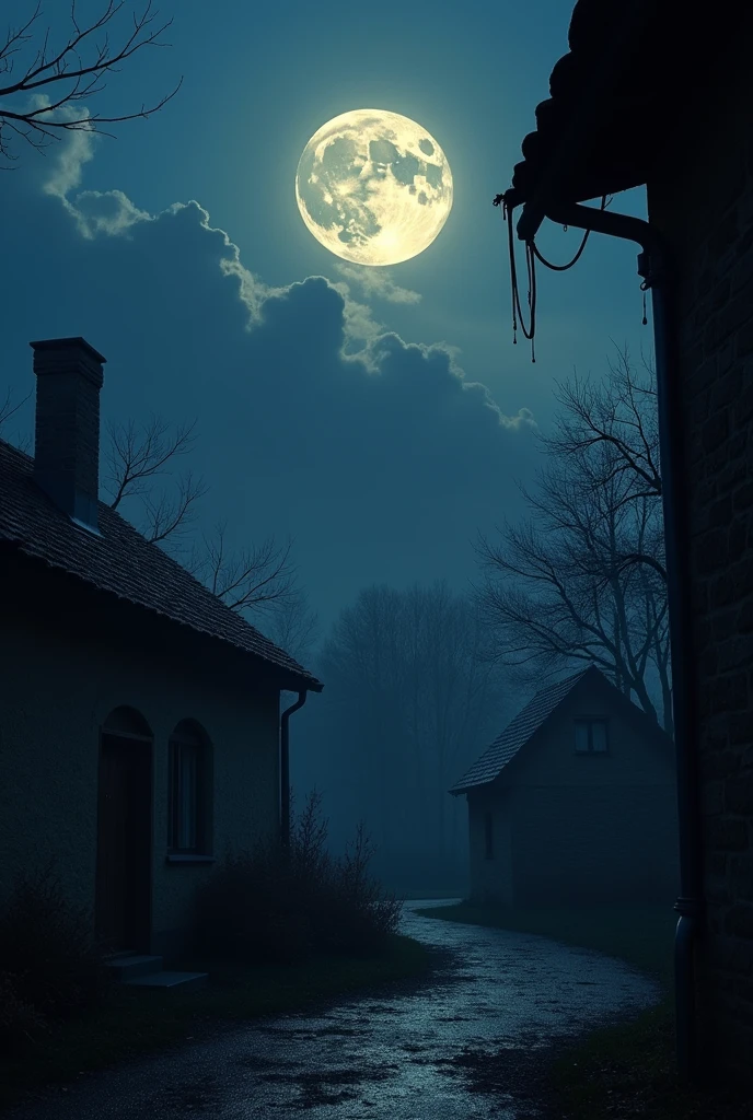The moon is falling and the eaves are wet
