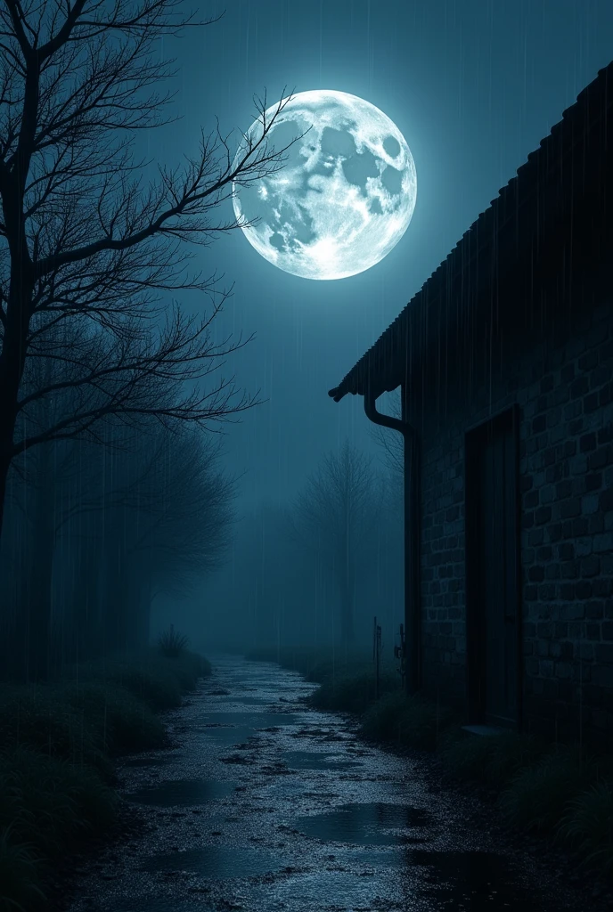 The moon is falling and the eaves are wet