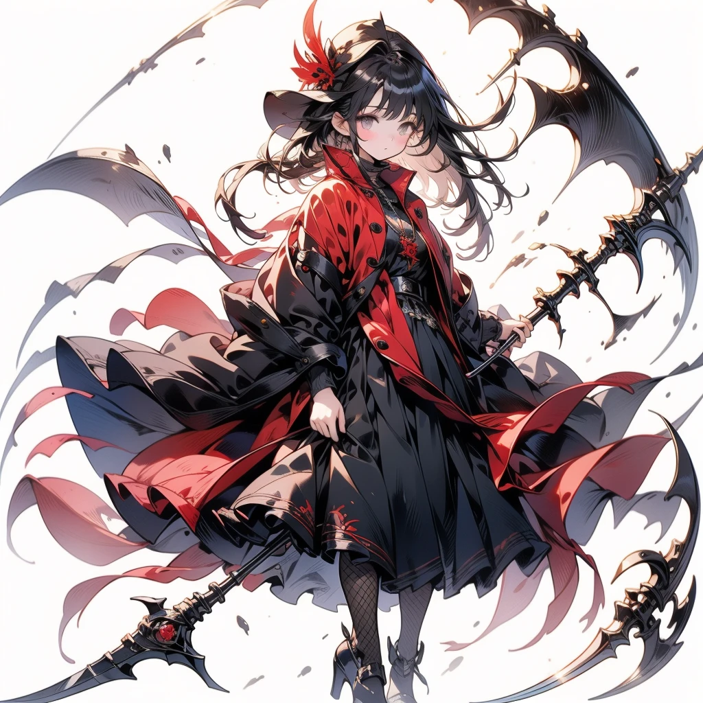 Highest quality、Masterpiece、Official Art、Perfect Face、Fishnet tights, Fairy, One girl, dark, military scythe,Many red spider lilies、