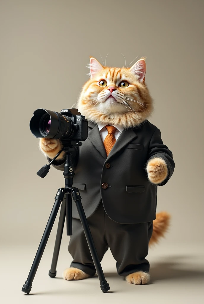 Cute cat cat,Personification,Standing,Hold the camera,tripod,Photographer,Photo gesture,,Suit,tie, (Delicate face), (Fine fluffy fur),(35mm Cinema Lens),(Multi-angle shooting),(many viewing angles)