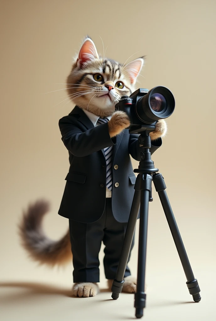 Cute cat cat，Personification，Standing，Hold the camera，tripod，Photographer，Photo gesture，,Suit,tie, (Delicate face), (Fine fluffy fur)，（35mm Cinema Lens），（Multi-angle shooting），（many viewing angles）