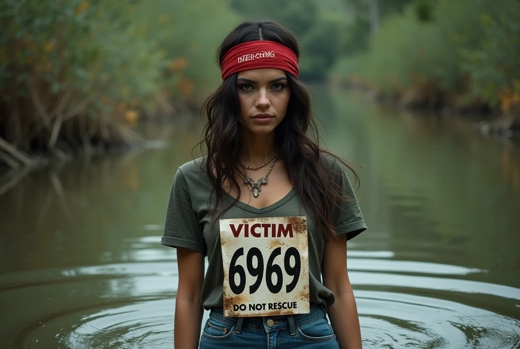 extremely detailed beautiful woman in jeans and t-shirt, sport small race bib "VICTIM 6969 DO NOT RESCUE", is victim of ritual, drowning in bog, in the middle of a bog, sexy photoshoot posing, ethnic headband with label "drowning",provocative traditional indigenous makeup. red, green, blue