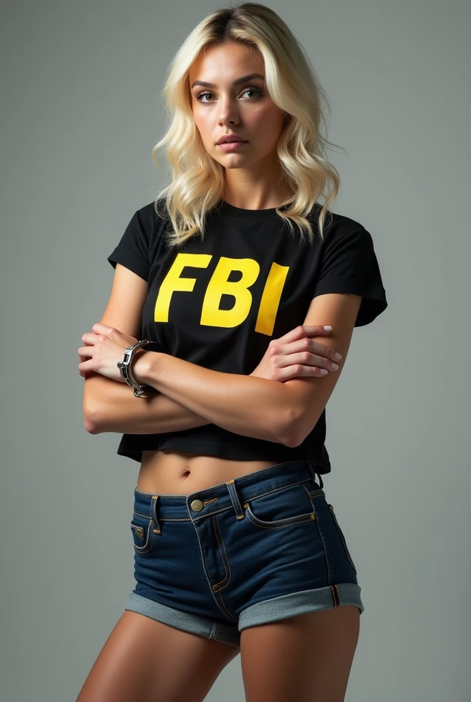 White woman with blonde hair wearing fbi shirt and shorts with handcuffs standing with her arms crossed