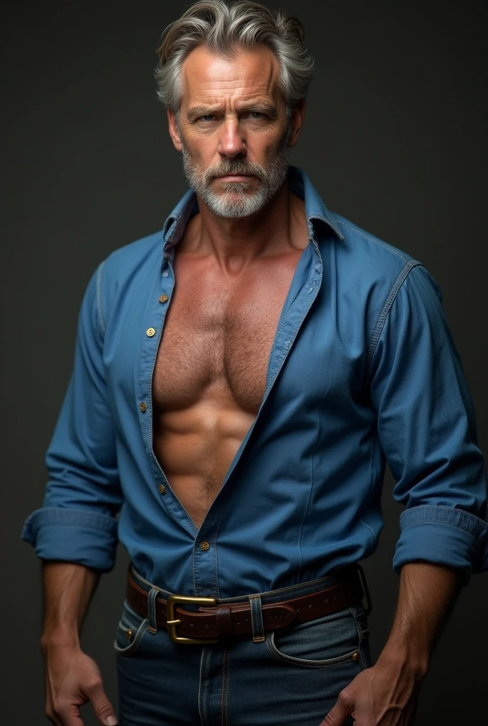 (mature man:1.3), solo, adult, brown short hair, blue eyes, moustache, white shirt, jeans, (high quality), (best quality), (detailed), perfect lighting, detailed face, detailed body,