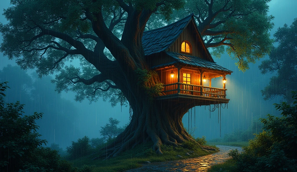 A detailed, enchanting tree house in a lush, misty forest at night, rain falling softly, glowing lanterns illuminating the scene, serene atmosphere, painterly style, warm color palette, dramatic lighting, highly detailed, 8k, photorealistic