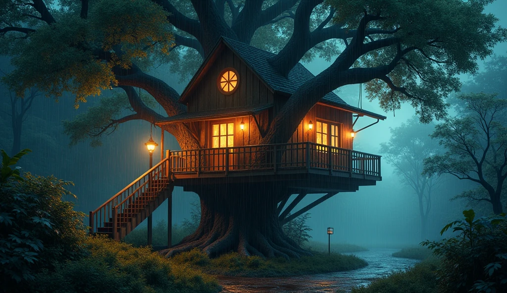 A detailed, enchanting tree house in a lush, misty forest at night, rain falling softly, glowing lanterns illuminating the scene, serene atmosphere, painterly style, warm color palette, dramatic lighting, highly detailed, 8k, photorealistic