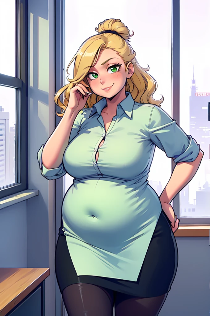 ((high aesthetic, art by BetterWithSalt)), 1girl, wavy blonde hair, hair in a bun, green eyes, black pencil skirt, dress shirt, (pantyhose), cute smile, (plump), [stuffed_belly], (cowboy shot), fancy office background with lots of windows, (best quality, masterpiece)
