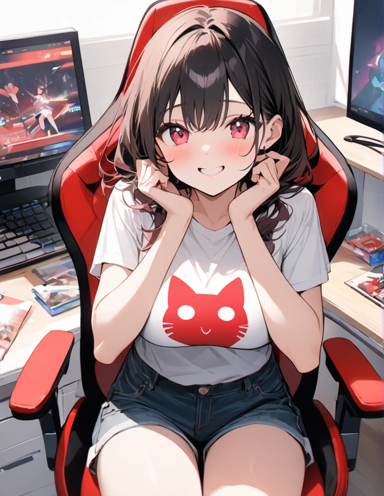 anime、Digital Art、Flat Design、Big Breasts、Wearing a shirt with a cat printed on it、Wearing short plain shorts、Sitting in a gaming chair、Both hands on cheeks、Cute Smile、Embarrassed face、Drooling、whole body、超High resolution, (masterpiece:1.2), Highest quality, High resolution, Awards, Attention to detail、her hair color is pink&red、Your eyes are sparkling