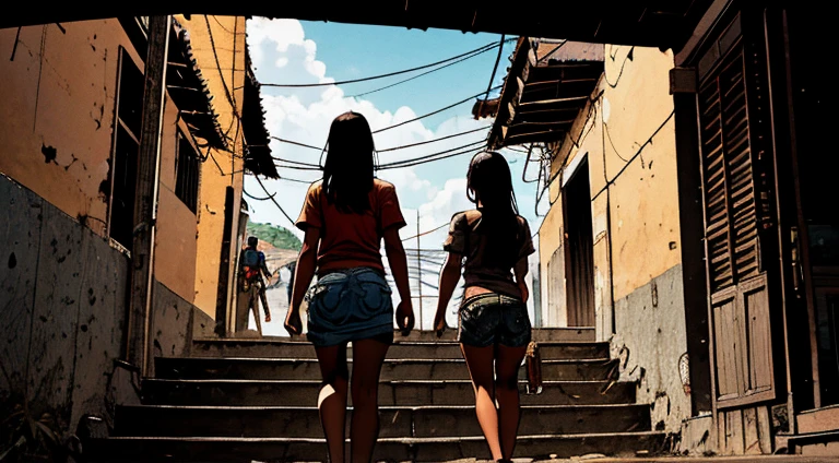 (2 girl), passing in the middle, of armed traffickers, to climb the stairs, Brazilian favela, vanishing point, from behind, from below, atmospheric perspective, masterpiece, super detail, high details, high quality, best quality, highres