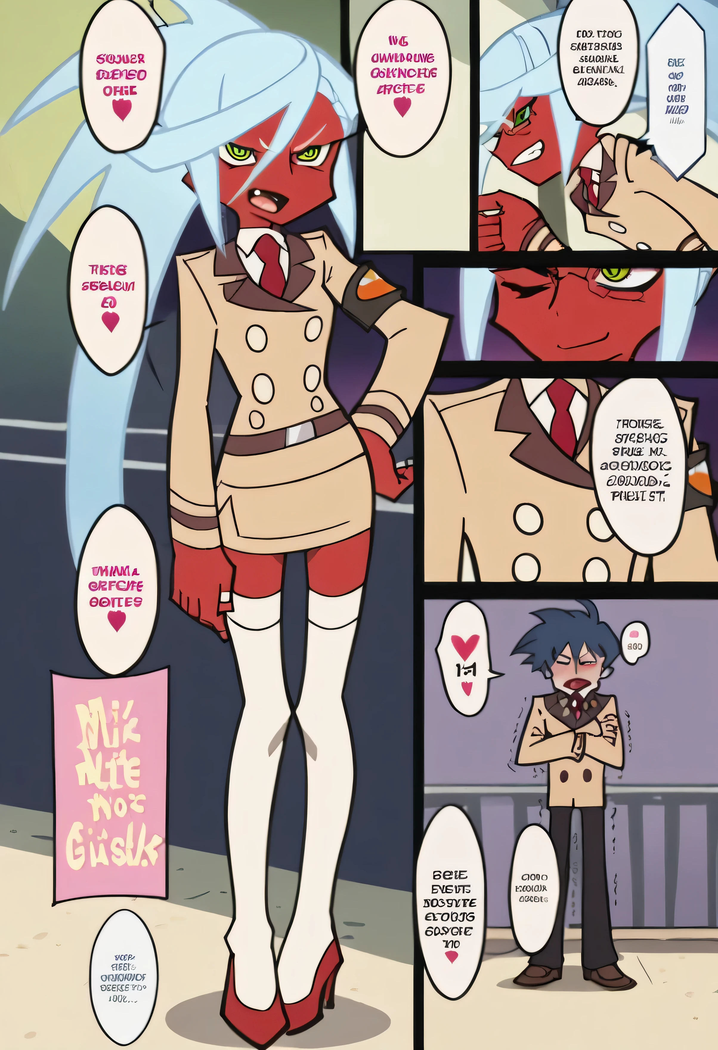 (nsfw:1), (Uncensored:1), p&s style, rating_safe, score_10, sharp, anime screencap, flat shadows, flat colors, score_9, score_8_up, score_7_up, source_anime, BREAK (1page),comic,Multi view, Frame, Text, speech bubble, frame, heart, trembling, focus line, vibrating line, comic expression, Sound effect, 1girl, solo focus, (full body:1.3), (cowboy shot), blush, open mouth, smug, smirk, flirting, anime screencap, flat shadows, flat colors, kneesocks, glasses, red skin, blue hair, ponytail, horn, demon horn, beige uniform, (((beige skirt suit))), necktie, miniskirt, (((beige blazer))), (((brown lapel))), (((belt))), (((white thighhighs))), high heels, shiny skin, oily skin,