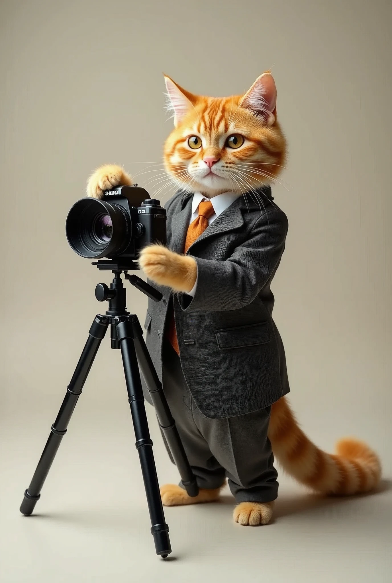 Cute cat cat,Personification,Standing,Hold the camera,tripod,Photographer,Photo gesture,,Suit,tie, (Delicate face), (Fine fluffy fur),(35mm Cinema Lens),(Multi-angle shooting),(many viewing angles)