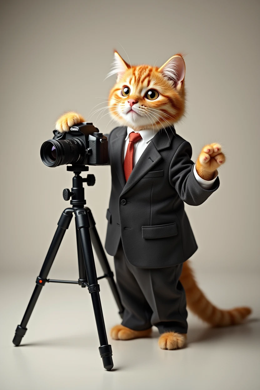 Cute cat cat,Personification,Standing,Hold the camera,tripod,Photographer,Photo gesture,,Suit,tie, (Delicate face), (Fine fluffy fur),(35mm Cinema Lens),(Multi-angle shooting),(many viewing angles)