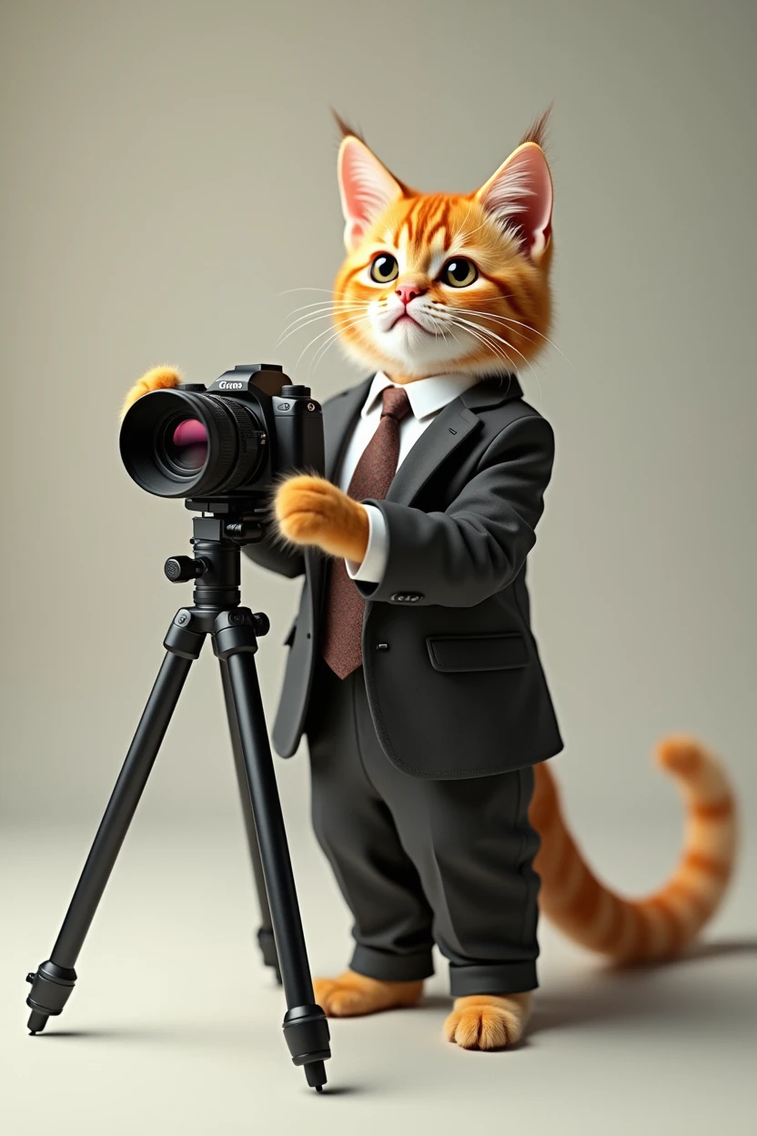 Cute cat cat，Personification，Standing，Hold the camera，tripod，Photographer，Photo gesture，,Suit,tie, (Delicate face), (Fine fluffy fur)，（35mm Cinema Lens），（Multi-angle shooting），（many viewing angles）