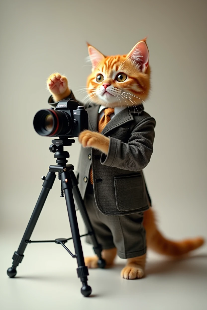 Cute cat cat，Personification，Standing，Hold the camera，tripod，Photographer，Photo gesture，,Suit,tie, (Delicate face), (Fine fluffy fur)，（35mm Cinema Lens），（Multi-angle shooting），（many viewing angles）