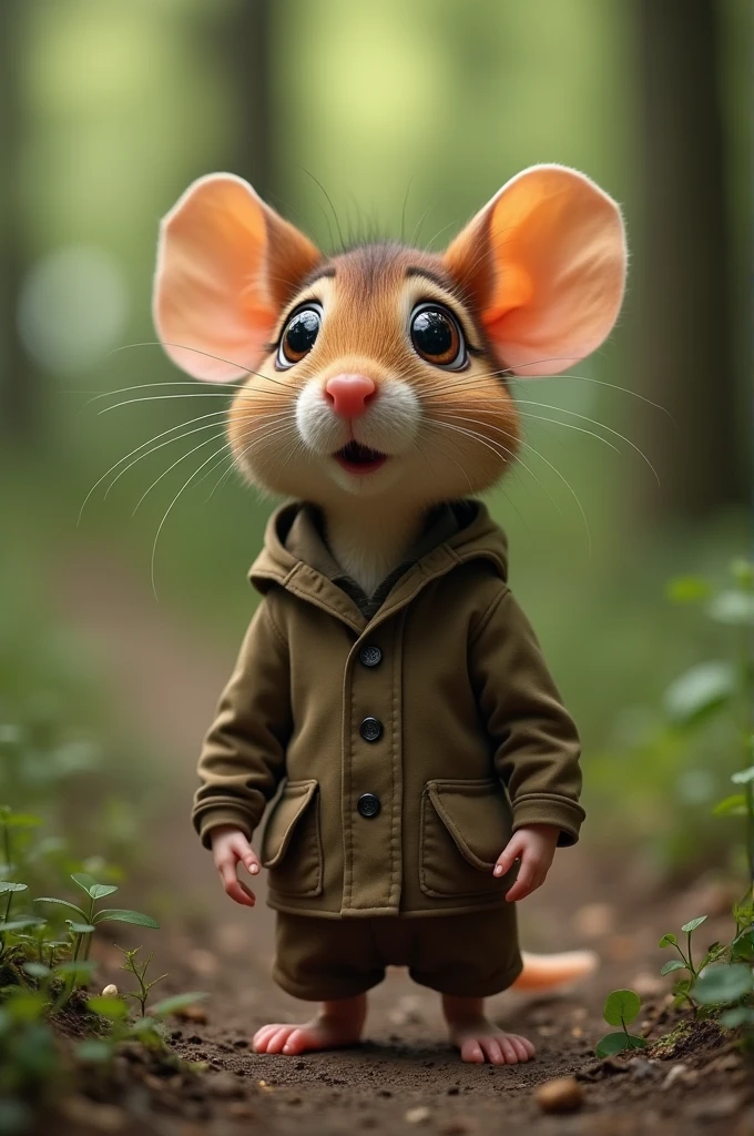 A mouse standing in the forest looking surprised and dressed like a human 