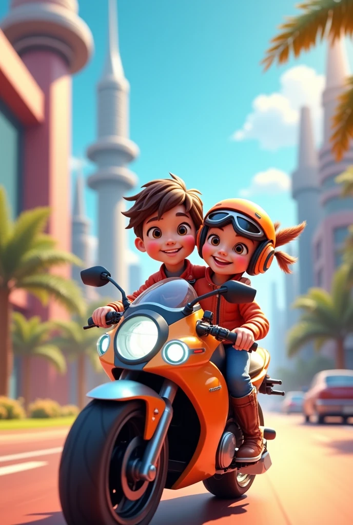 Boy and girl on motorbike happy 3d photo