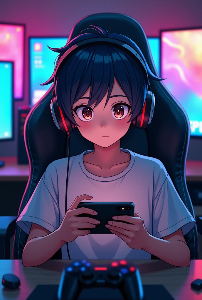 Make a anime boy character who wear headphones and sit on gaming chair and take mobile toplay games
