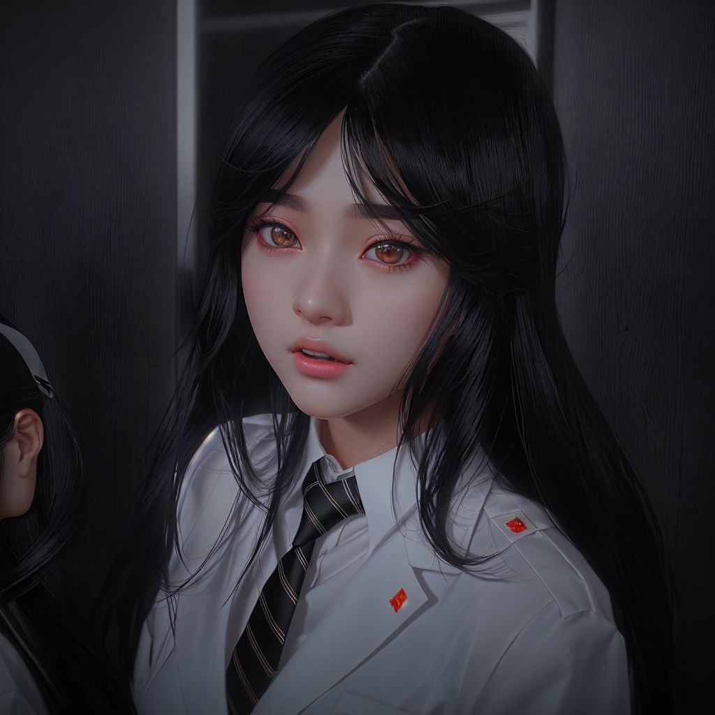 There is a woman with long black hair wearing a white shirt and tie., Surreal school girl, a Surreal school girl, artwork in the style of Gwaiz, Soft Portrait Shot 8k, Realistic Anime 3D Style, Gwaiz, Photorealistic Animation, Anime realism style, [ 4K Photorealism ]!!, Portraits of Korean female idols