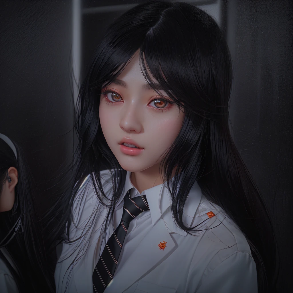 There is a woman with long black hair wearing a white shirt and tie., Surreal school girl, a Surreal school girl, artwork in the style of Gwaiz, Soft Portrait Shot 8k, Realistic Anime 3D Style, Gwaiz, Photorealistic Animation, Anime realism style, [ 4K Photorealism ]!!, Portraits of Korean female idols