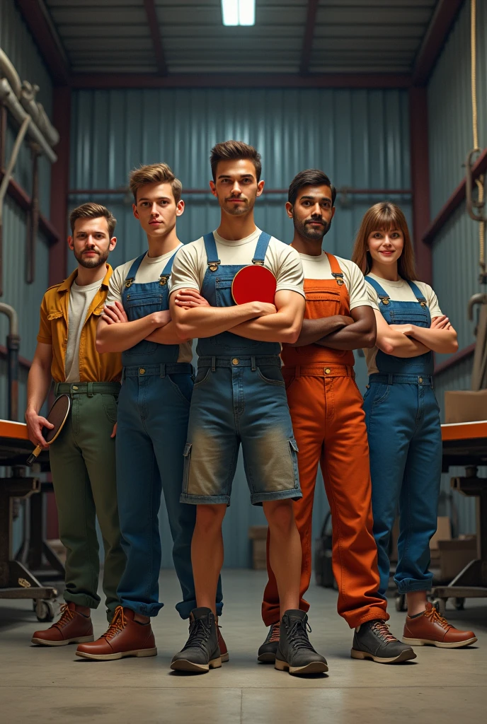To create this image, follow these steps:
1. **Environment Configuration**: The industrial shed must have a background that resembles a work environment, with elements such as metal walls, visible tools and equipment, but not too detailed so as not to divert attention from the protagonists.
2. **Friends' Posture**: Position each friend in a pose that exudes confidence and seriousness.. They can be standing, with feet firmly planted on the ground, looking straight ahead or slightly downwards, with determined expressions.
3. **Objects**:
- **Table Tennis Racket**: A friend holds the racket firmly, ready for the game.
- **Futsal Ball**: Another friend holds the ball, perhaps with a slight tilt to show that he is ready to kick or pass.
- **Truco Deck**: A friend holds a deck of cards, perhaps showing a card trick or just holding it confidently.
- **Again**: Another friend holds a bocce ball, with a steady hand and a ready stance to throw.
- **Welding Tool**: The last friend holds a soldering tool, with a focused look and a posture that suggests he is about to get to work.
4. **Lighting and Details**: Use lighting that highlights your friends and the objects they are holding., creating an atmosphere of intense preparation. Add shadows and subtle details to give depth and realism to the scene.
5. **Final Touches**: Make sure each friend is dressed in a way that reflects the industrial environment., with clothes that are suitable for a shed, like overalls or work shirts, To add a touch of authenticity to the image.